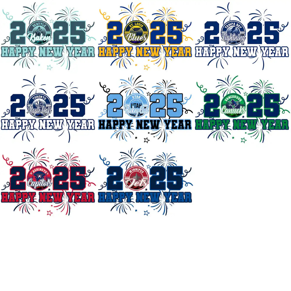 2025 Happy New Year designs with team logos and fireworks for DTF/DTG and embroidery