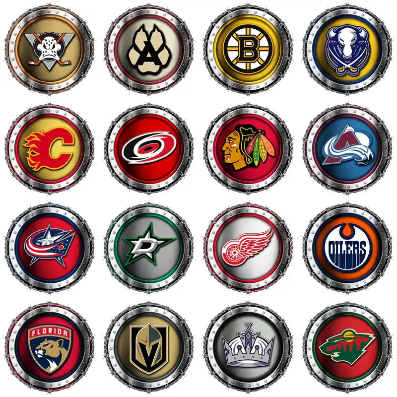 NHL team logos in metallic badge designs, print-ready for DTF, DTG, embroidery, and tumbler wraps