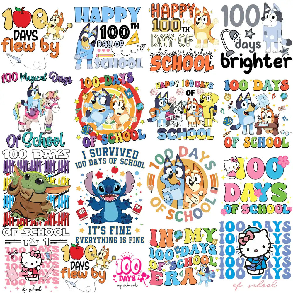 100 Days of School designs featuring Bluey, Stitch, Hello Kitty, and Yoda for DTF/DTG and embroidery