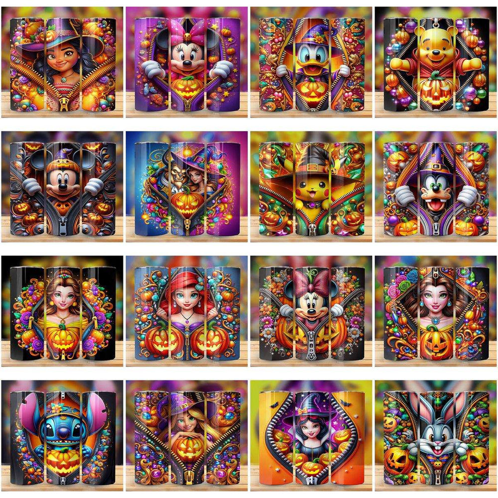 Halloween-themed tumbler wraps featuring Disney characters with pumpkins and festive designs