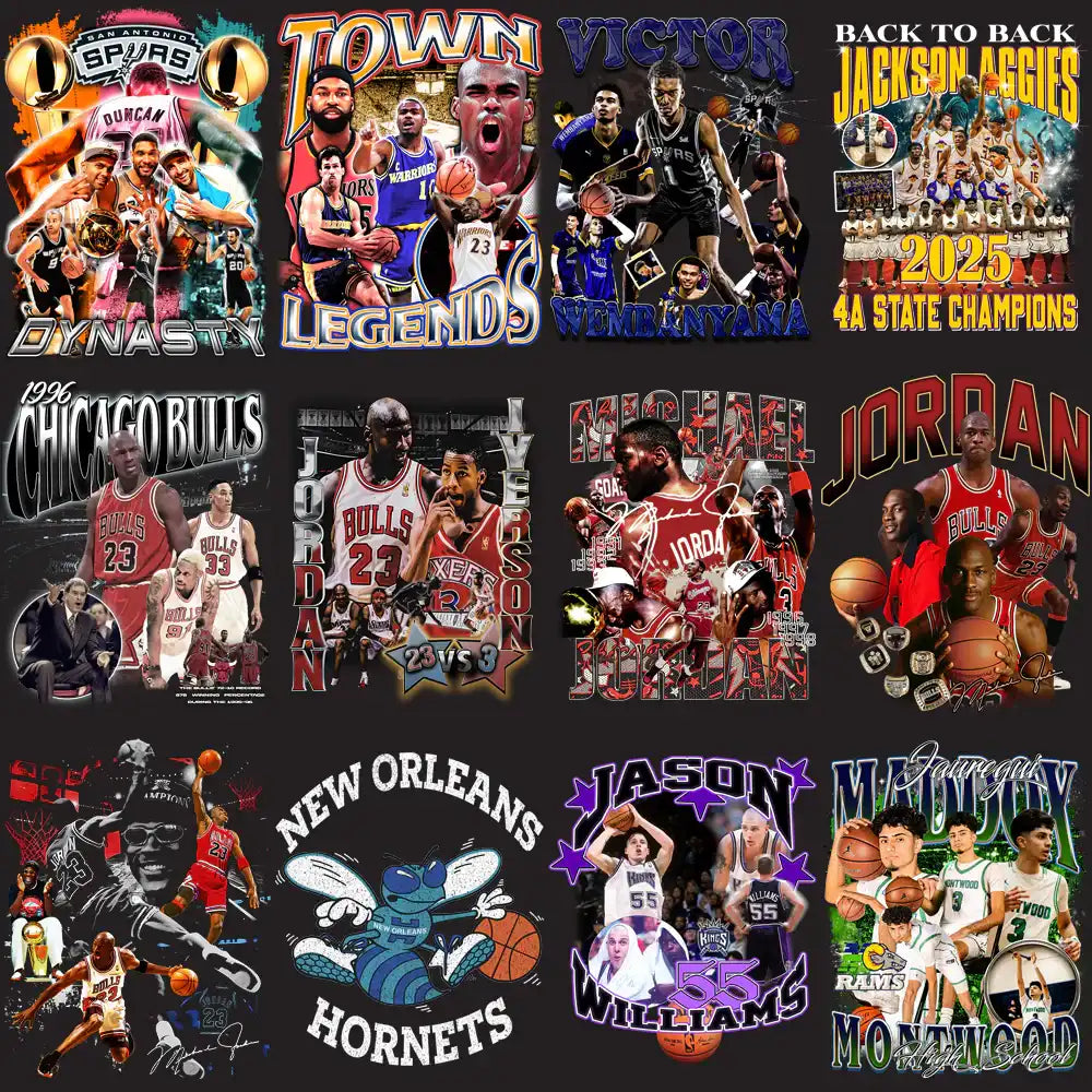 Basketball t-shirt designs featuring NBA legends, teams, and high school champions for DTF/DTG printing
