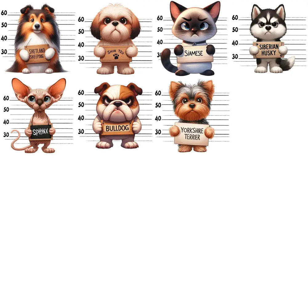 Cute dog and cat mugshot designs for DTF, DTG, embroidery, and tumbler wraps