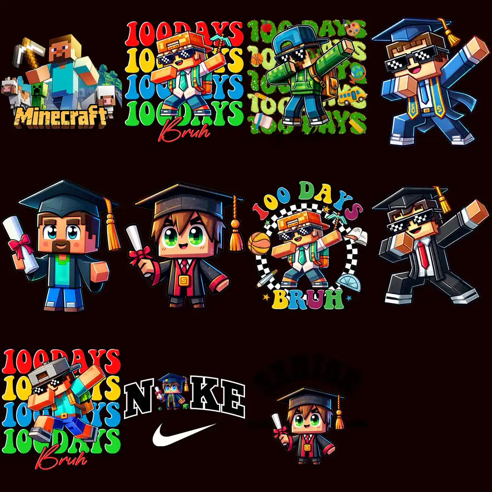 Minecraft-themed 100 Days of School & graduation designs, print-ready PNG SVG for DTG DTF, dabbing characters, Nike parody