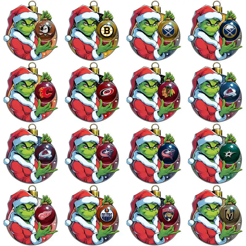 Grinch in Santa hat holding NHL team logo ornaments, festive Christmas design bundle