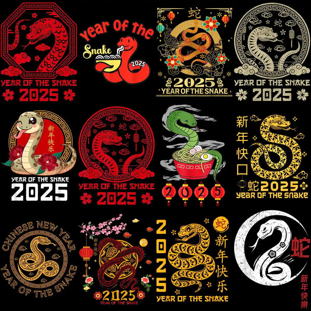 2025 Year of the Snake designs for DTF, DTG, embroidery & tumbler wraps. Print-ready PNG, SVG, PES.