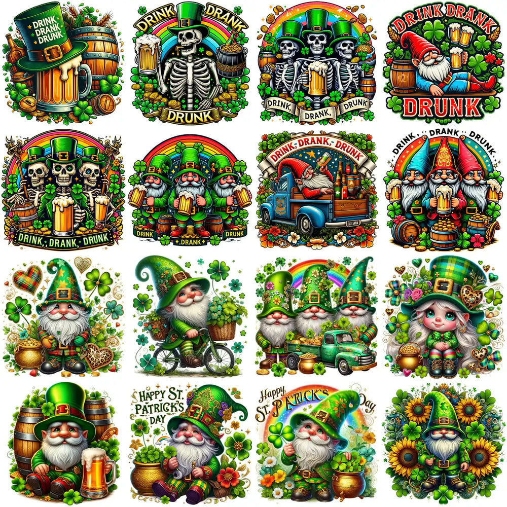St. Patrick's Day designs with gnomes, skeletons, rainbows, and beer for DTF, DTG, embroidery, and tumbler wraps.