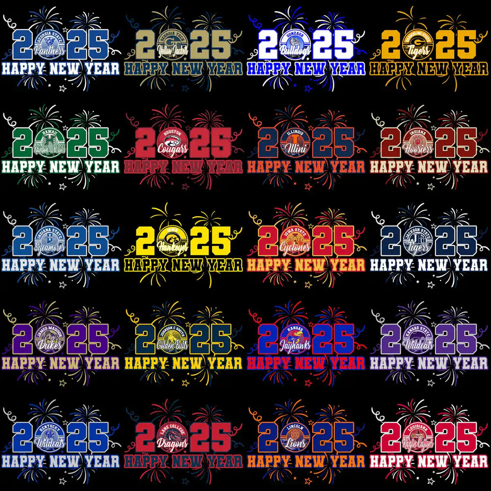 2025 Happy New Year college team designs with fireworks, print-ready for DTG/DTF & embroidery