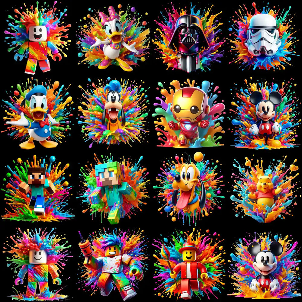 Vibrant cartoon characters with colorful paint splashes, ideal for DTF/DTG and embroidery designs.