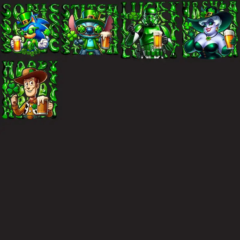 St. Patrick’s Day themed designs featuring Sonic, Stitch, Stormtrooper, Cruella, and Woody with beer and shamrocks