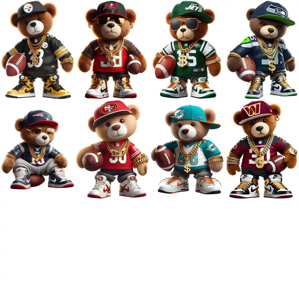 Teddy bears in NFL jerseys, caps, and gold chains holding footballs, styled for DTF/DTG designs