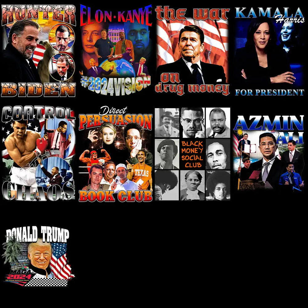 Political and pop culture design bundles for DTF, DTG, embroidery. Print-ready PNG, SVG, PES files.