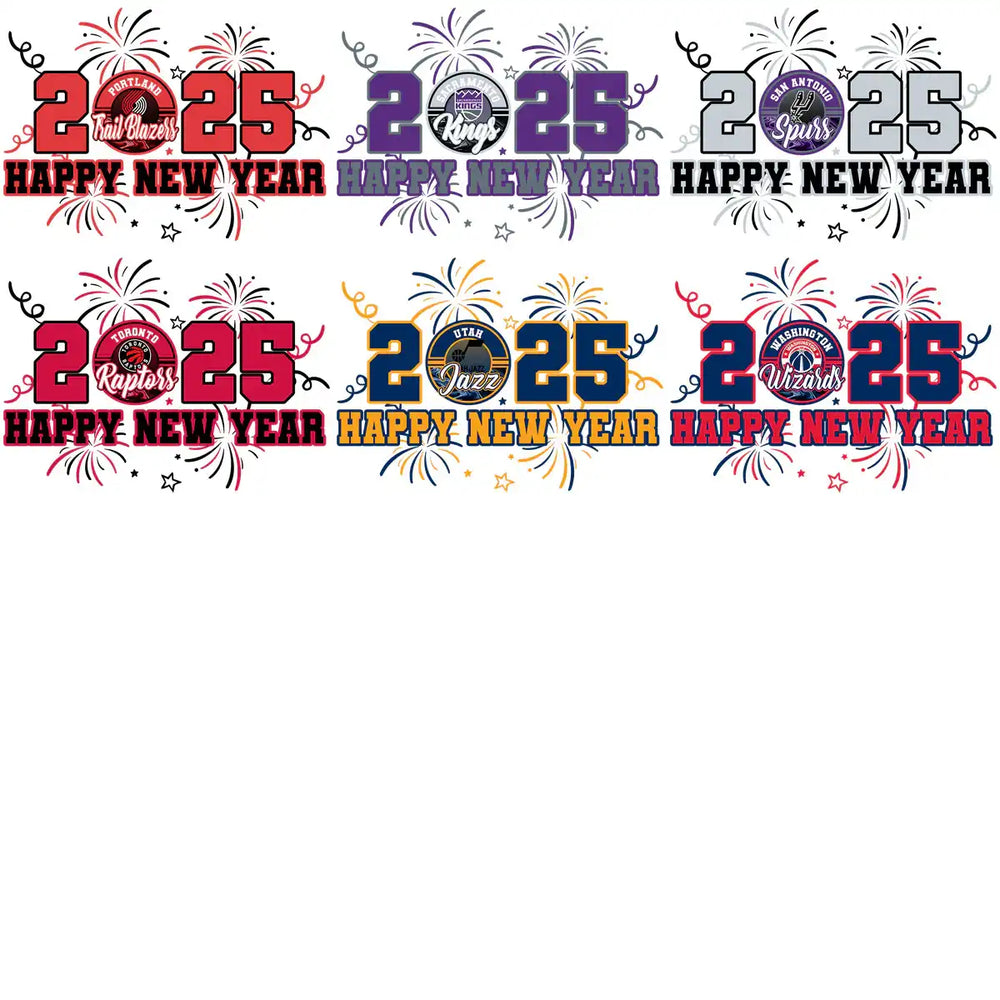 2025 Happy New Year designs with NBA team logos and fireworks for DTF/DTG printing