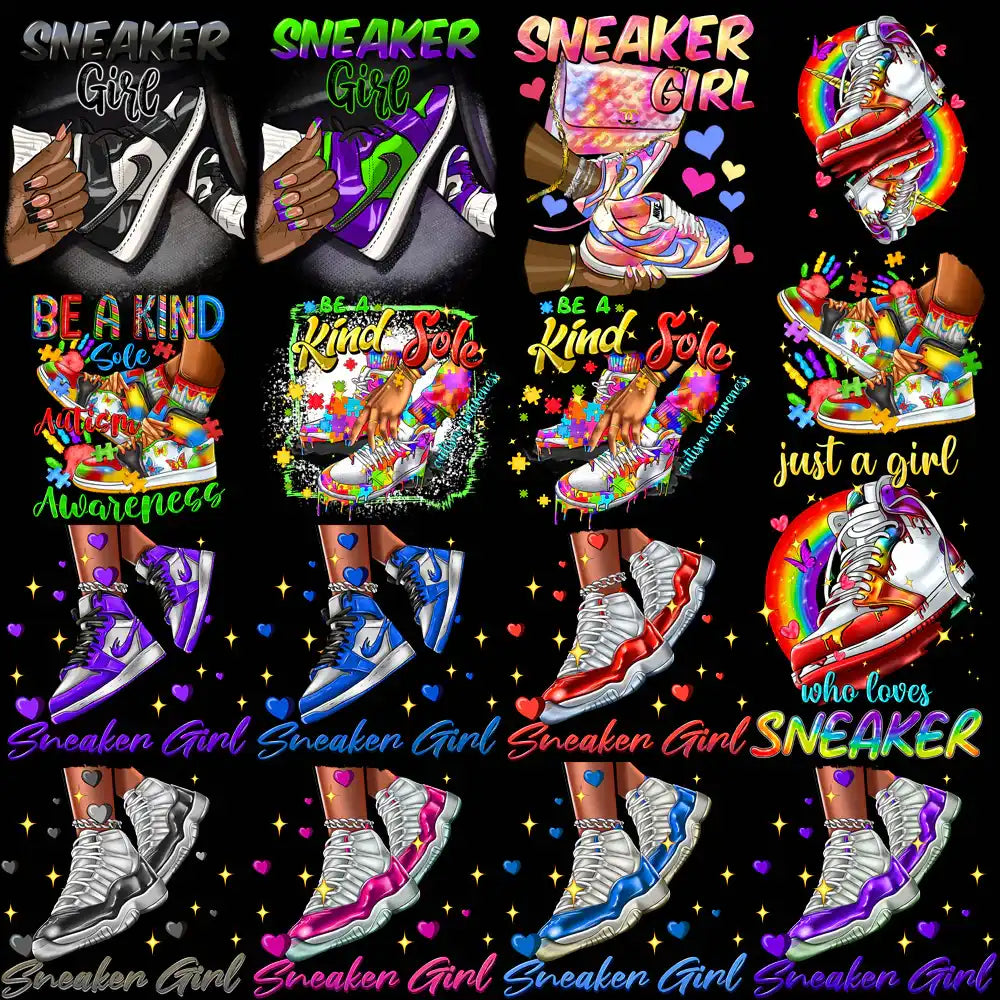 Sneaker Girl designs with colorful sneakers, hearts, rainbows, and autism awareness themes for DTF, DTG, embroidery