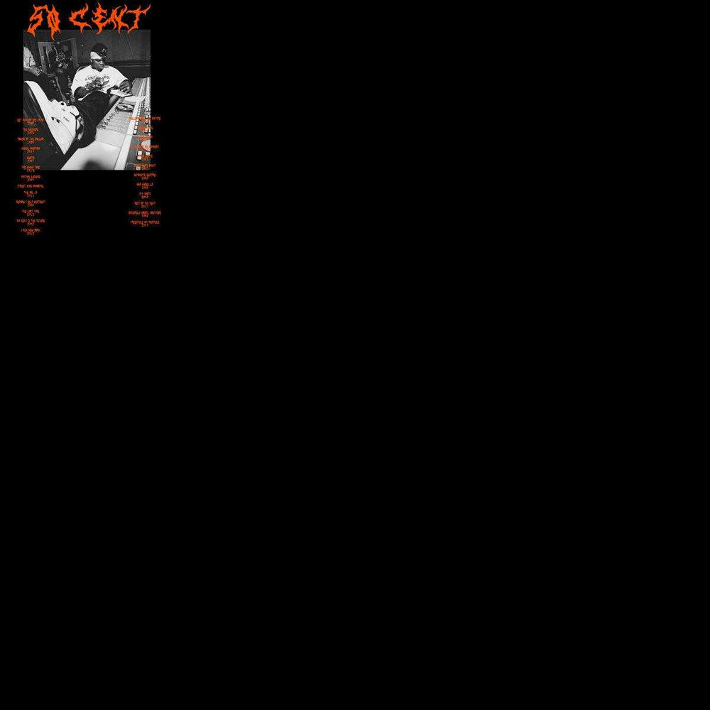 50 Cent album cover with black-and-white studio photo and orange text tracklist