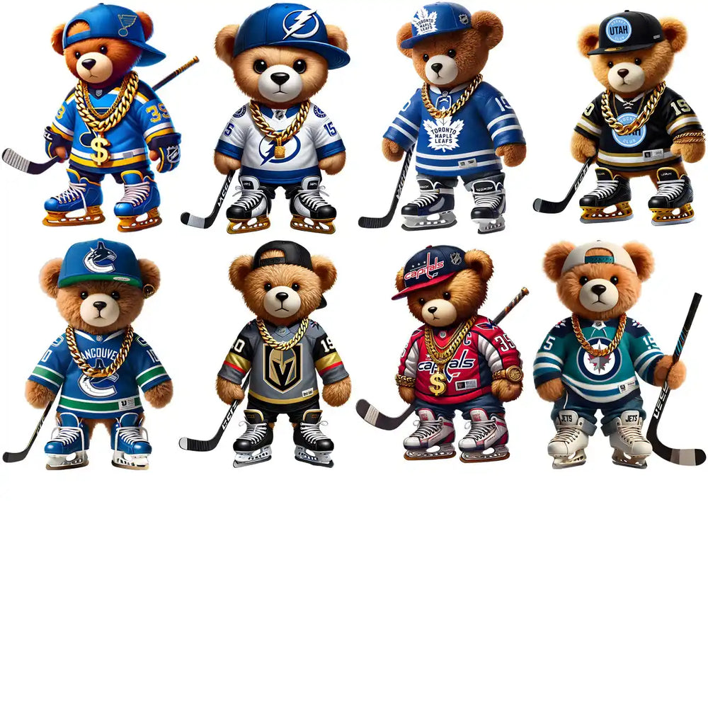 Teddy bears in NHL team jerseys with hockey sticks and gold chains, perfect for DTF/DTG designs.