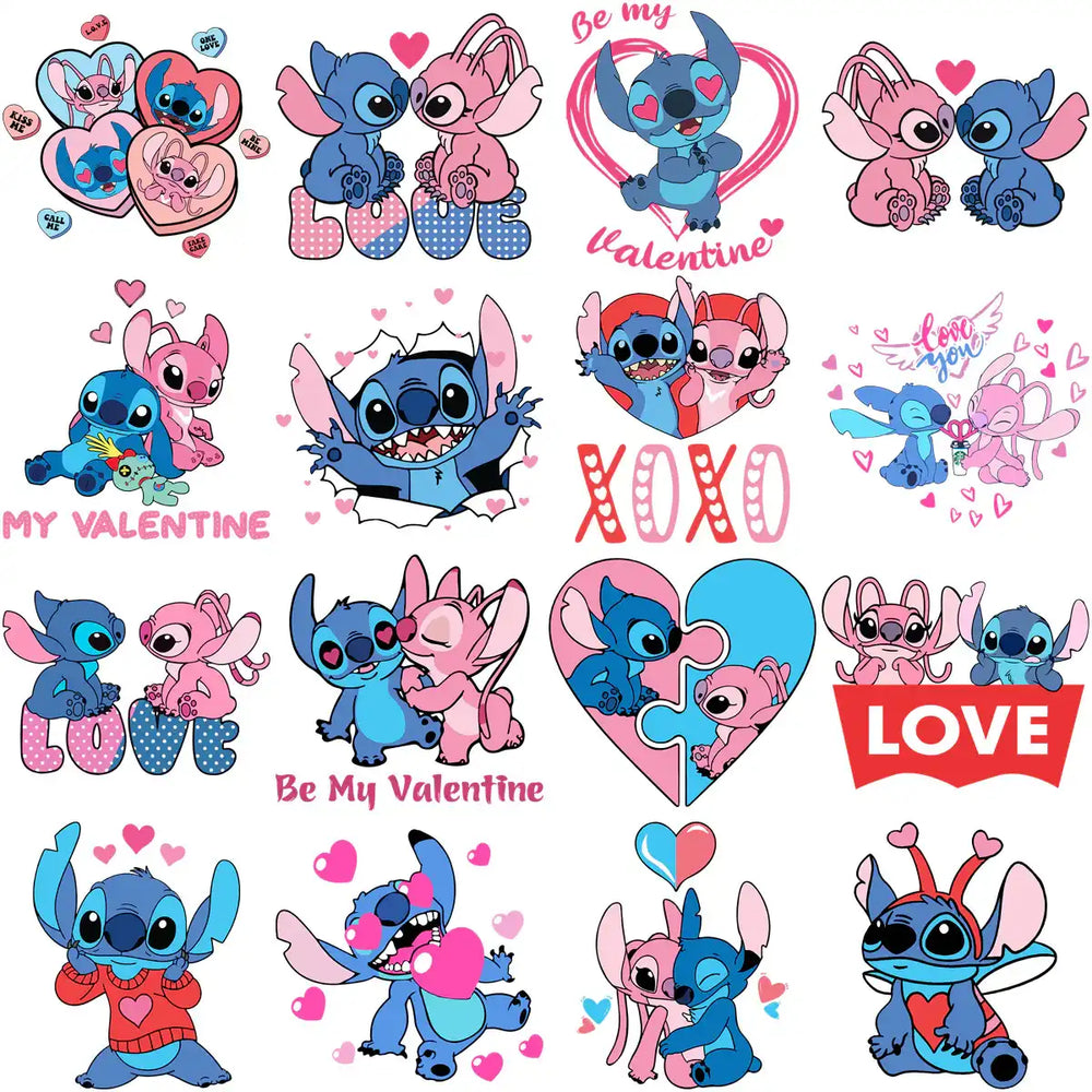 Stitch and Angel Valentine's Day designs with hearts, love text, and romantic poses for DTF/DTG prints