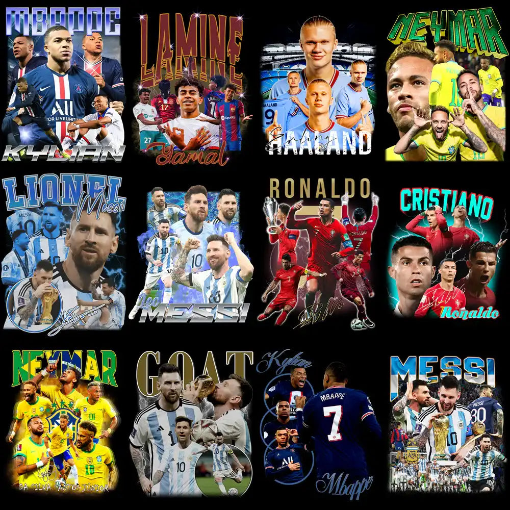 Soccer player designs for DTF, DTG, embroidery — Messi, Ronaldo, Neymar, Haaland, Mbappé, Gamal
