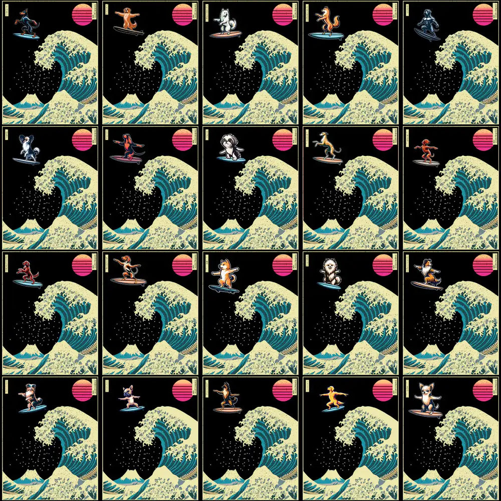 Cute animals surfing giant waves with retro sunset, print-ready design bundle