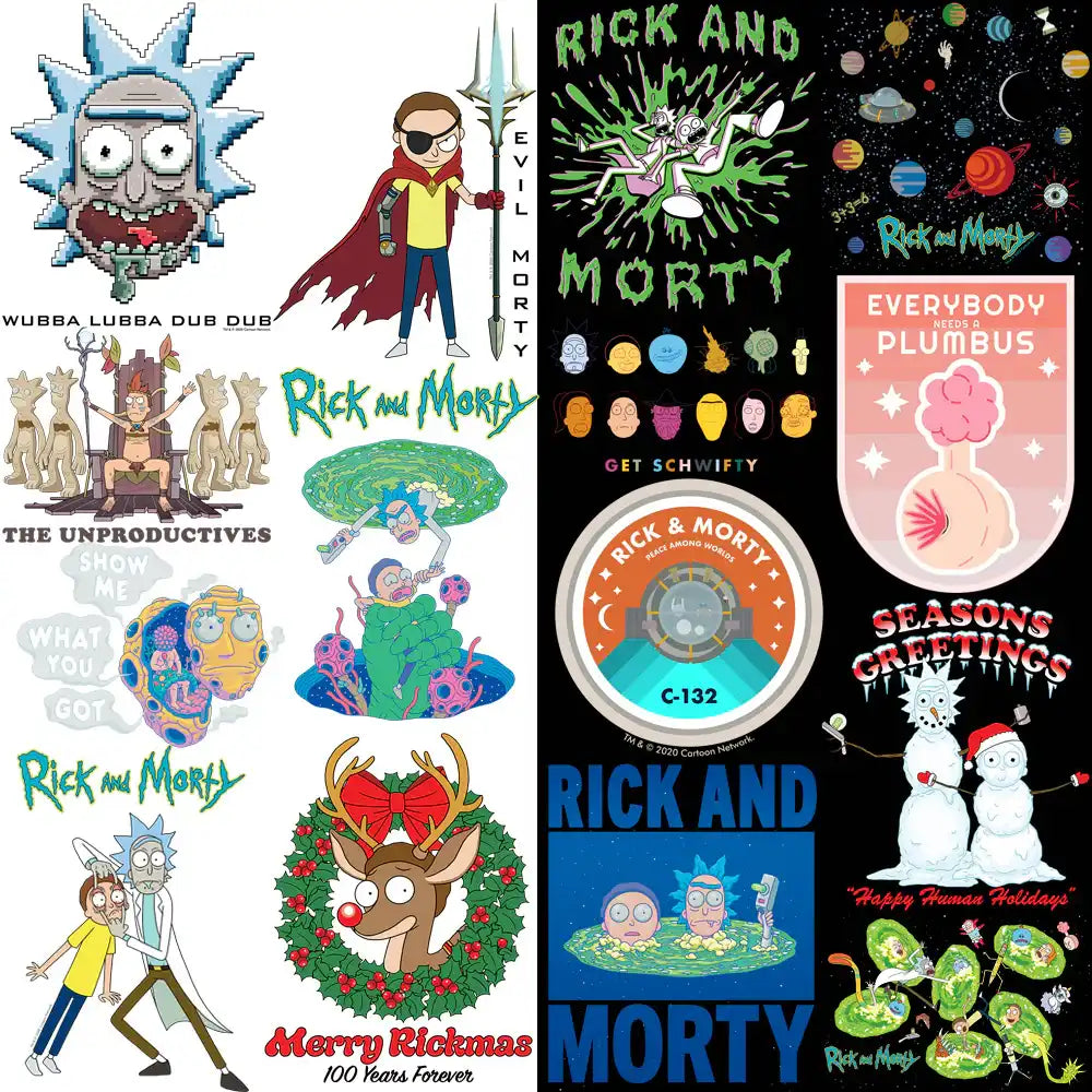 Rick and Morty print-ready designs for DTF, DTG, embroidery, tumbler wraps — festive, pixel, sci-fi themes