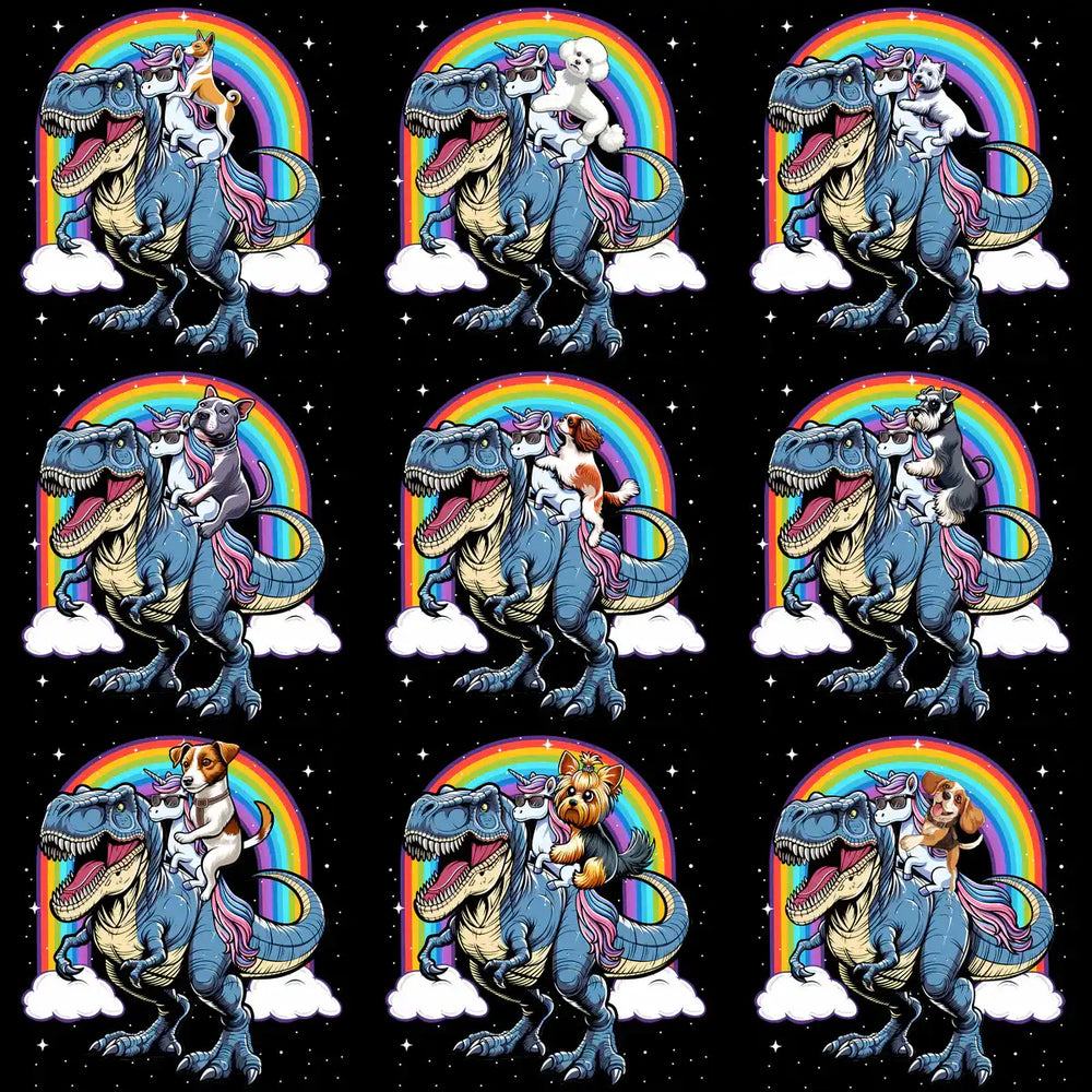 Dinosaur with dog riding unicorn under rainbow, print-ready design bundle