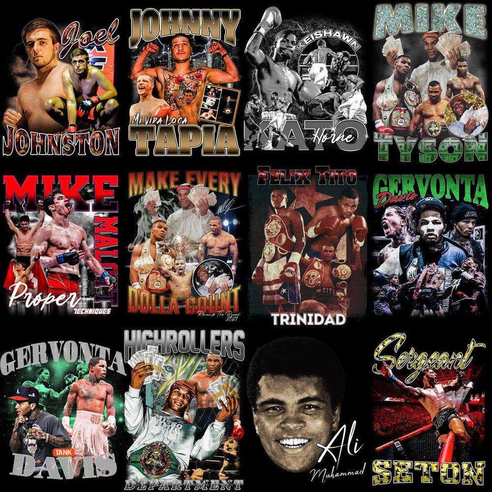 Boxing fighter designs for DTF, DTG, embroidery — print-ready PNG, SVG, PES. Instant download.