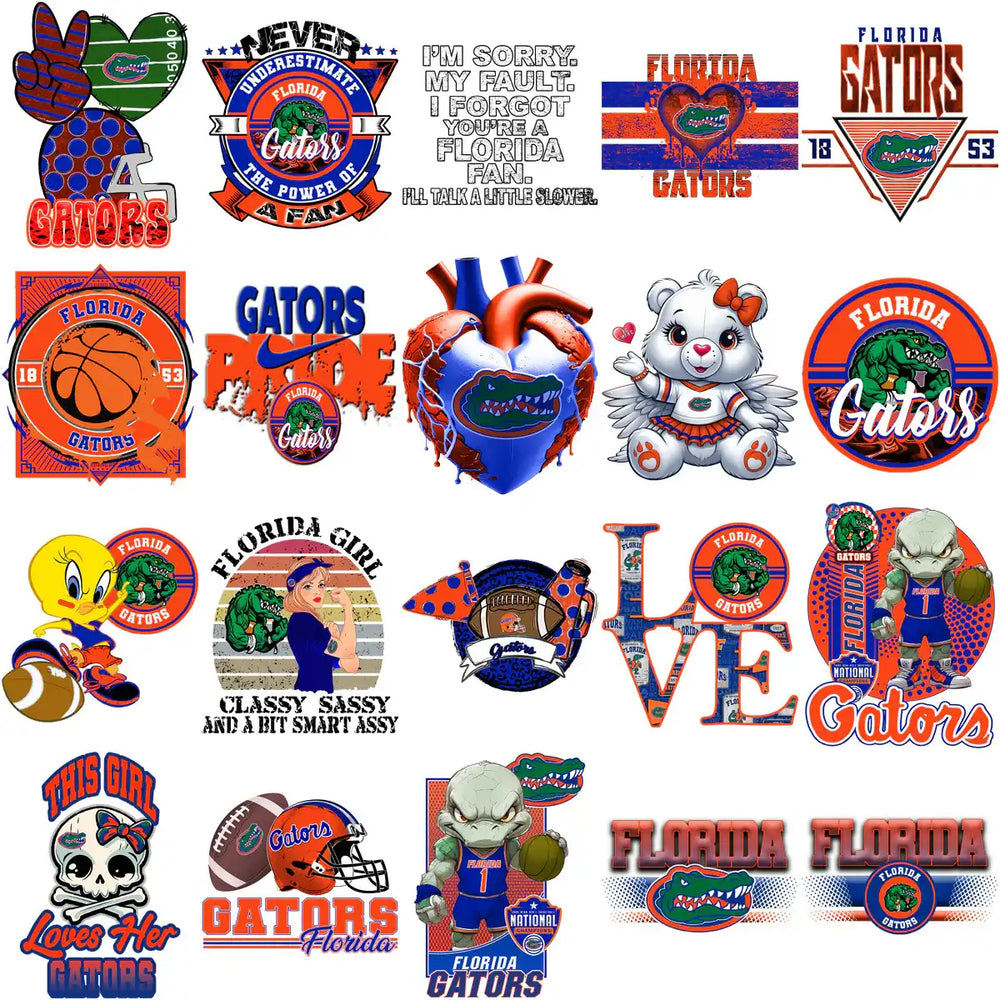 Florida Gators fan designs bundle: SVG, PNG, PES for DTG, DTF, embroidery. Print-ready sports graphics.