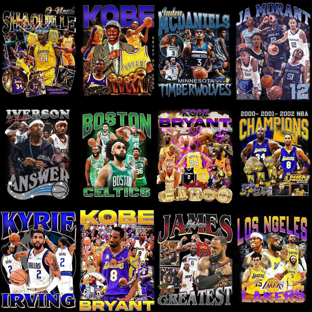 Basketball player designs for DTF DTG prints, featuring Kobe, LeBron, Shaq, and more NBA stars in team jerseys.