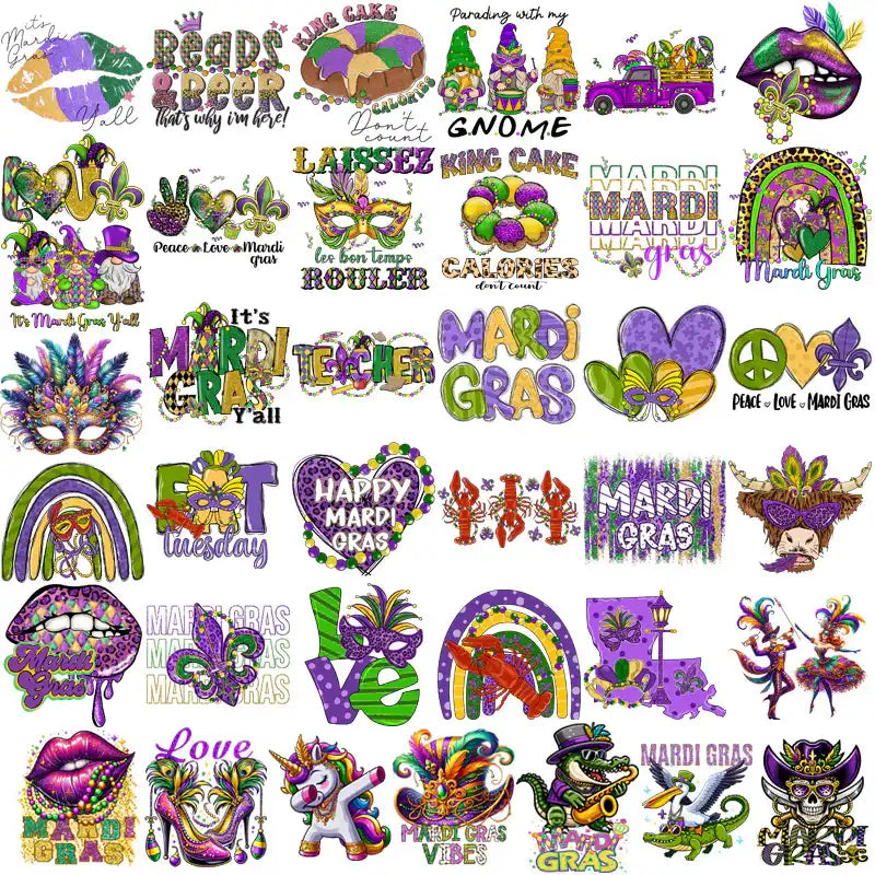 Mardi Gras designs bundle with festive masks, beads, gnomes, rainbows, and text for DTG, DTF, embroidery
