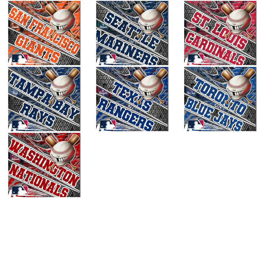 MLB team designs with grinning baseballs and bats for DTF, DTG, embroidery, tumbler wraps