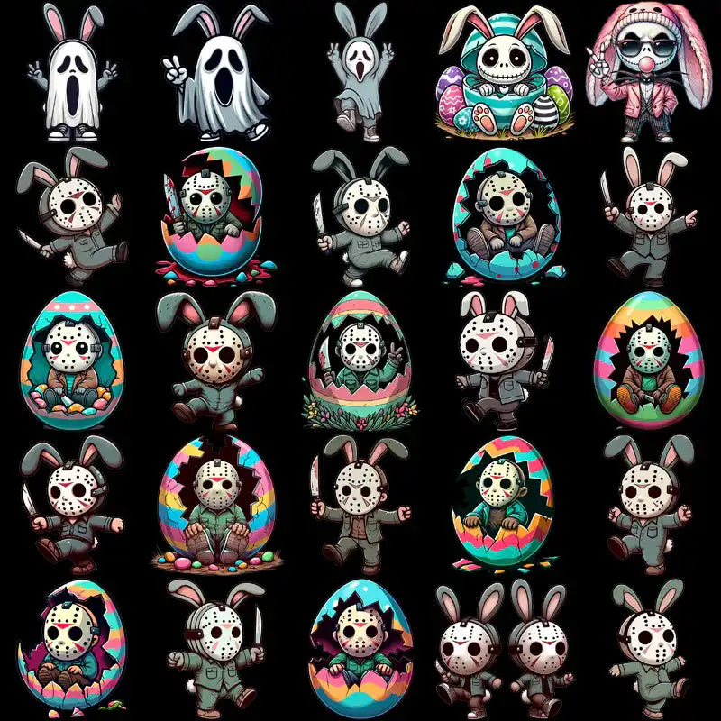 Cute Easter bunny and Jason Voorhees designs in colorful eggs, perfect for DTF/DTG printing
