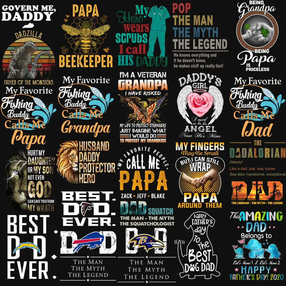 Father's Day designs for t-shirts, featuring dad, papa, grandpa themes with sports, animals, and heartfelt quotes.