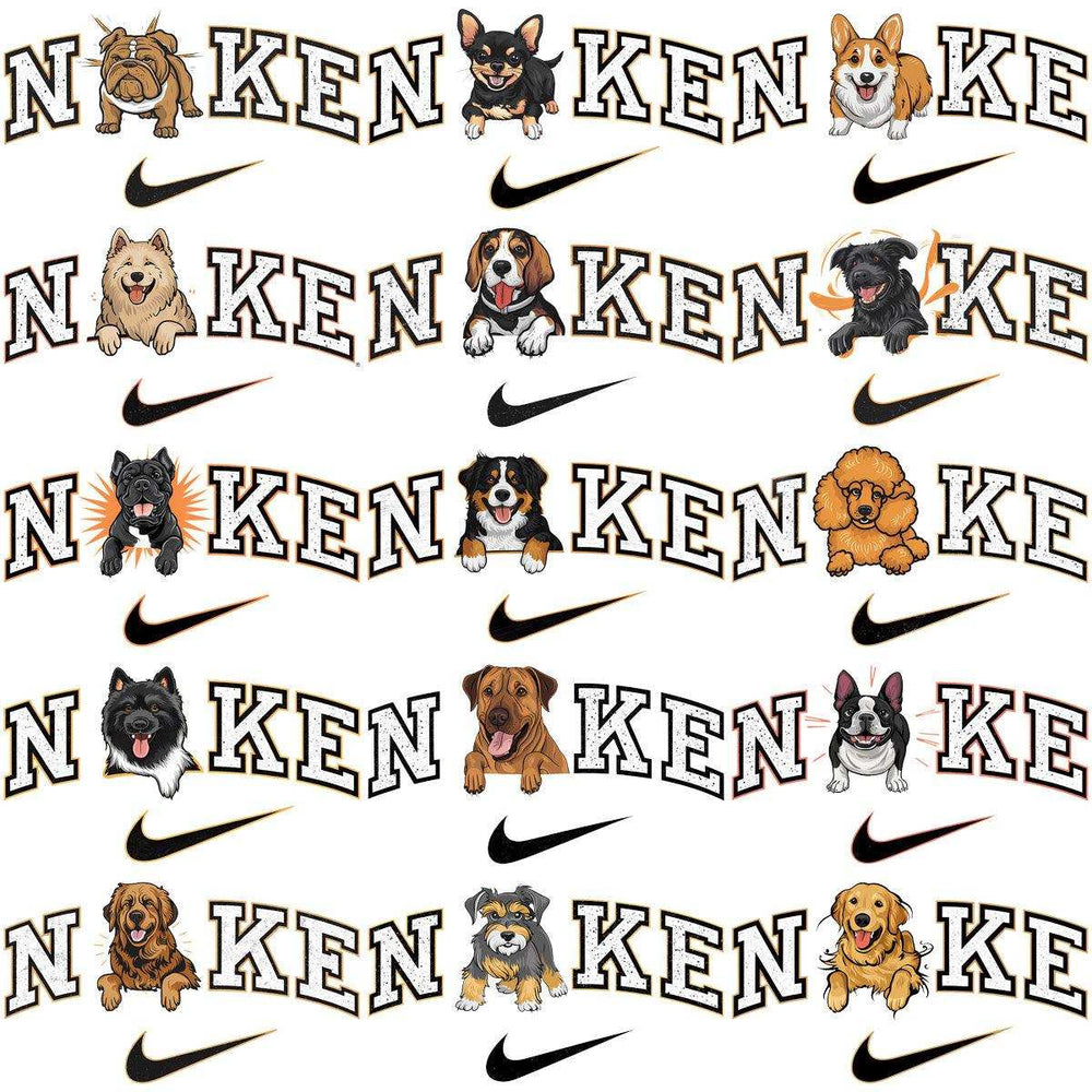 Dog-themed Nike-style designs with various breeds and swoosh logos for print-ready use
