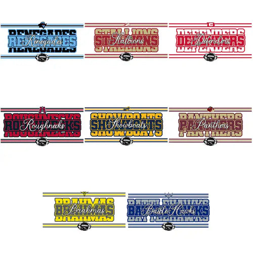 Football team logos: Renegades, Stallions, Defenders, Roughnecks, Showboats, Panthers, Brahmas, BattleHawks