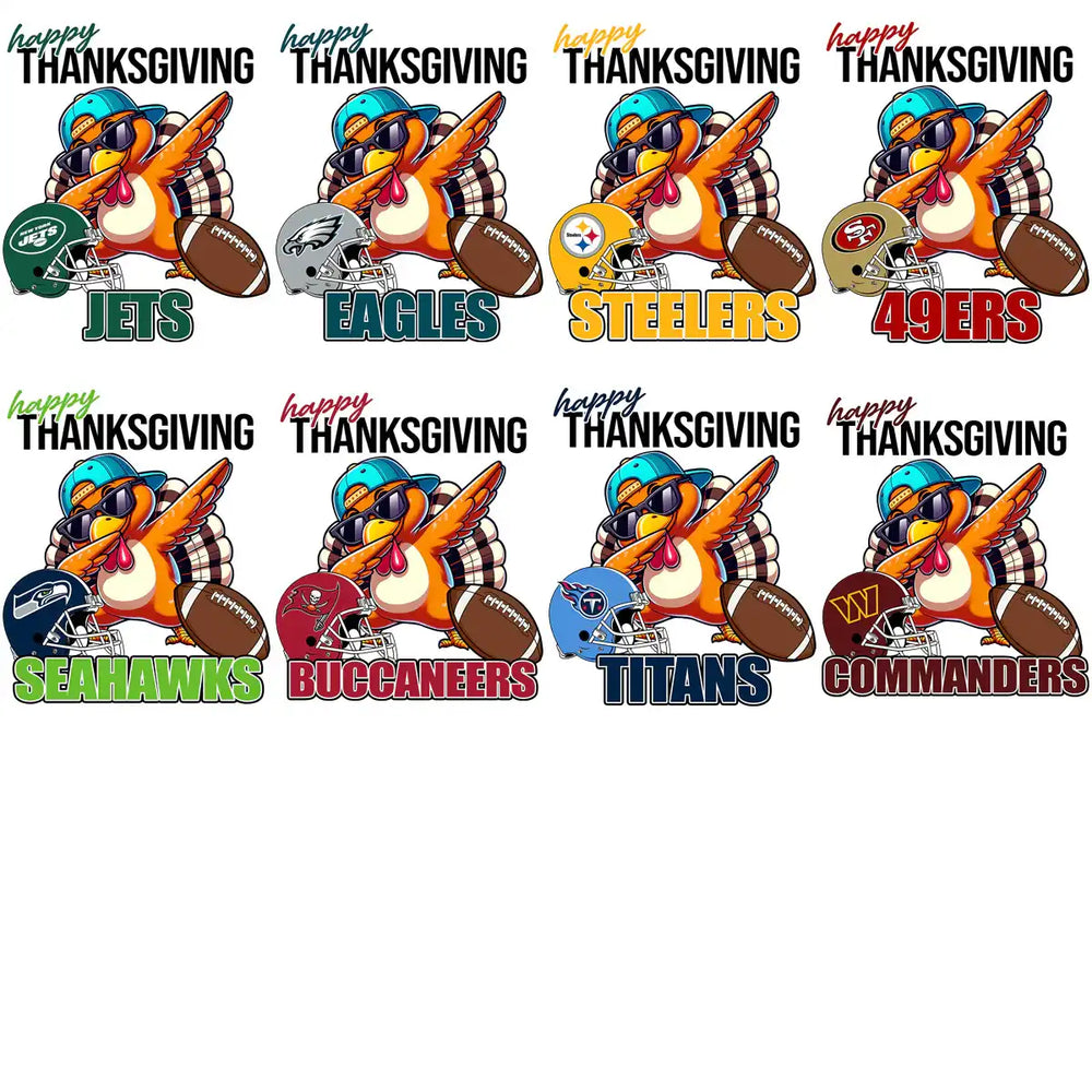 Happy Thanksgiving turkey dabbing with NFL team helmets and footballs, print-ready designs