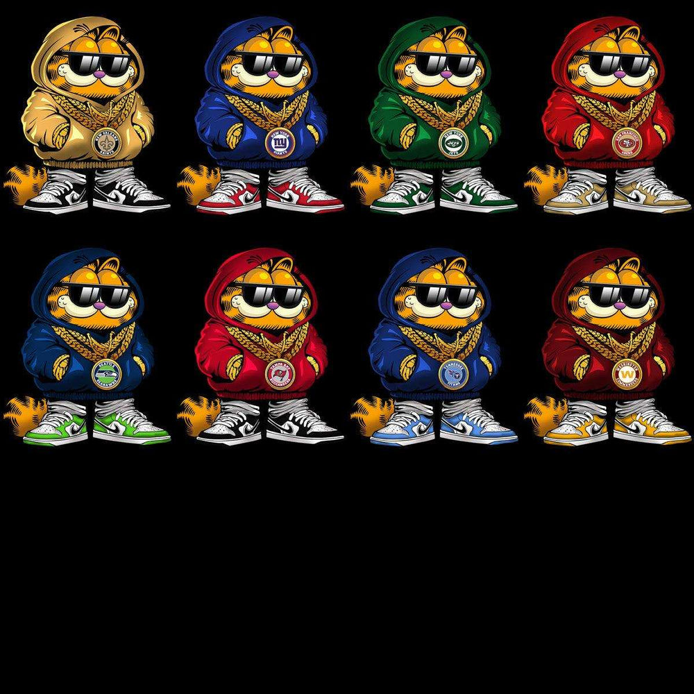 Garfield in hoodies, sunglasses, gold chains & sneakers, NFL team logos, print-ready design bundle