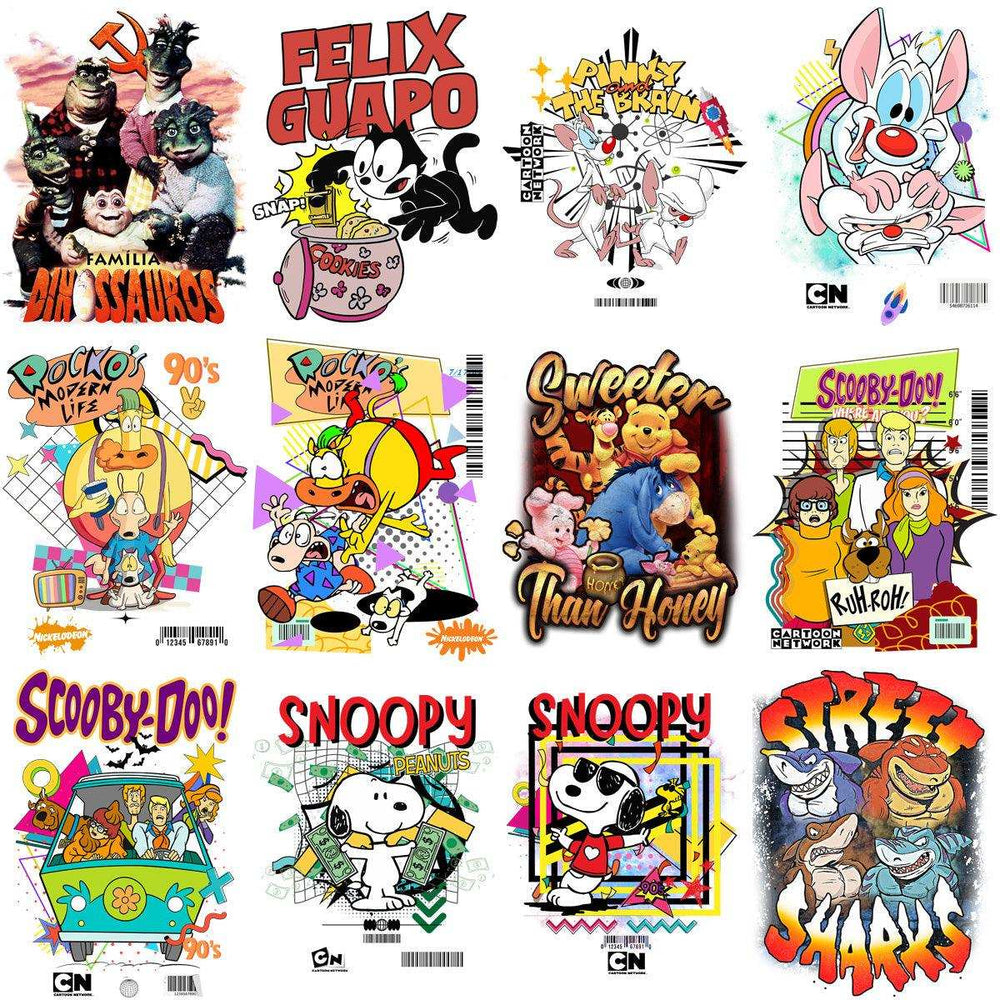 Retro cartoon t-shirt designs featuring Scooby-Doo, Snoopy, Felix the Cat, and 90s classics — print-ready PNG SVG