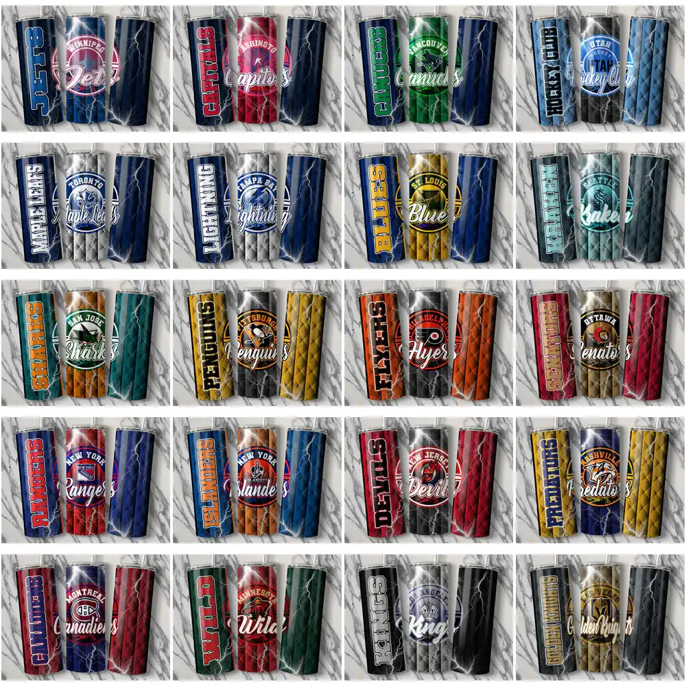 Hockey team-themed tumbler wraps with vibrant logos and lightning designs for custom printing.
