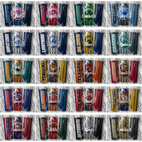 Hockey team-themed tumbler wraps with vibrant logos and lightning designs for custom printing.