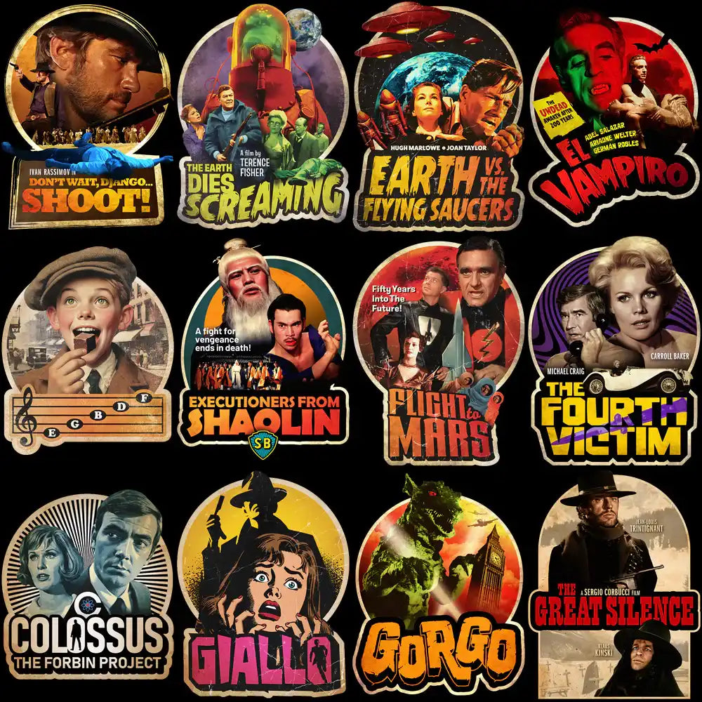 Retro movie poster designs for DTF/DTG printing, featuring vintage sci-fi and horror film art, print-ready PNG