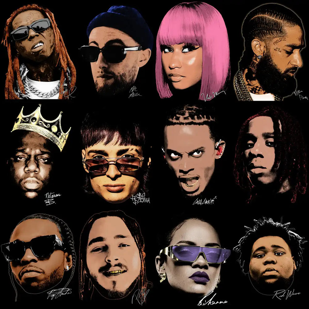 Stylized celebrity portraits with bold colors and signatures, ideal for DTF/DTG and embroidery designs.