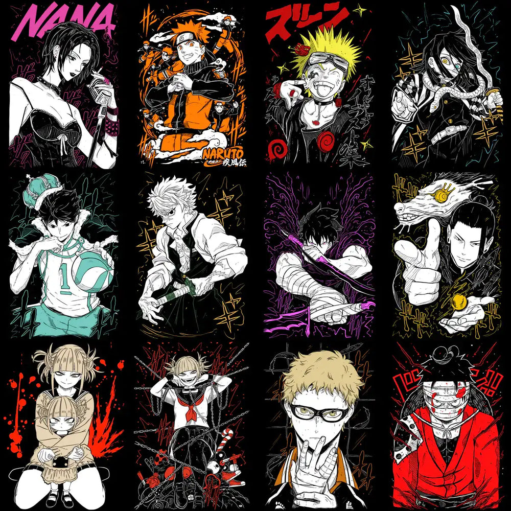 Anime character designs for DTF/DTG and embroidery, vibrant print-ready artwork collection