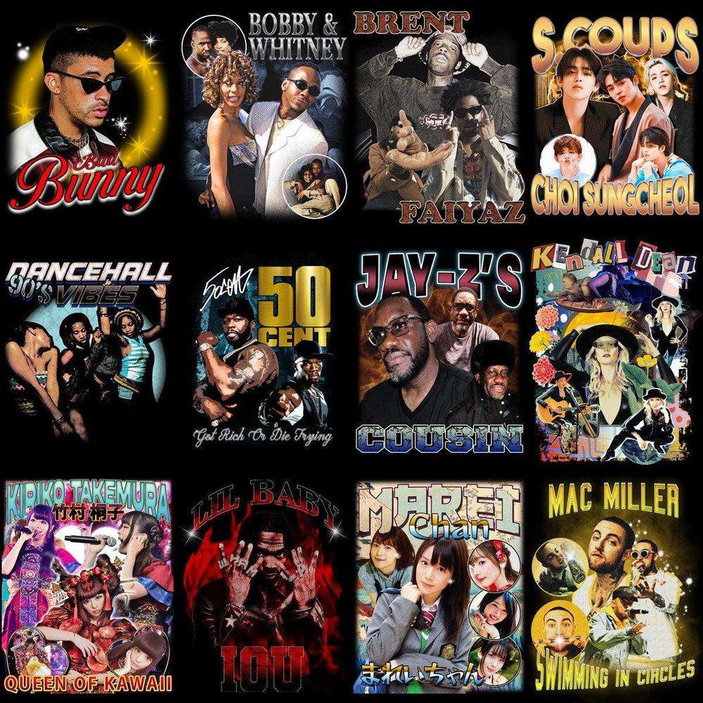 Print-ready artist designs for DTF/DTG, embroidery, and tumbler wraps featuring Bad Bunny, 50 Cent, and more.