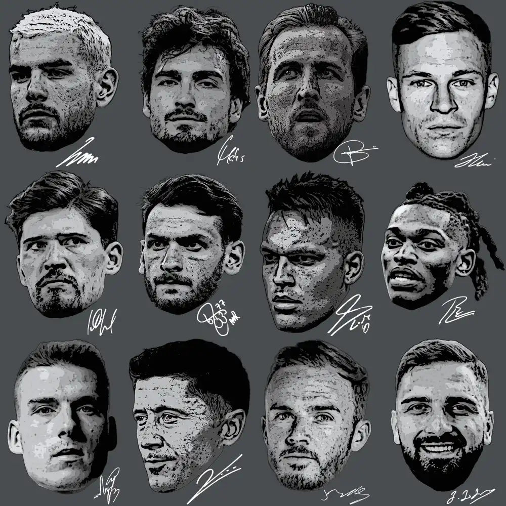 12 stylized soccer player portraits with autograph signatures, print-ready for DTF, DTG, embroidery