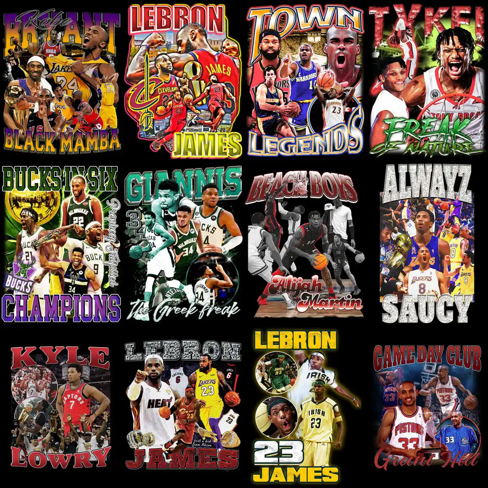 Basketball player designs for DTF/DTG, embroidery, and tumbler wraps featuring legends and champions.