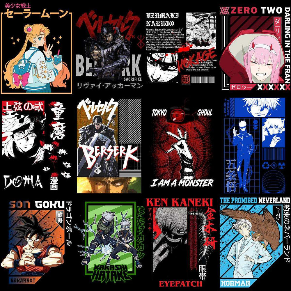Anime t-shirt designs featuring Sailor Moon, Berserk, Naruto, and more for DTF/DTG printing