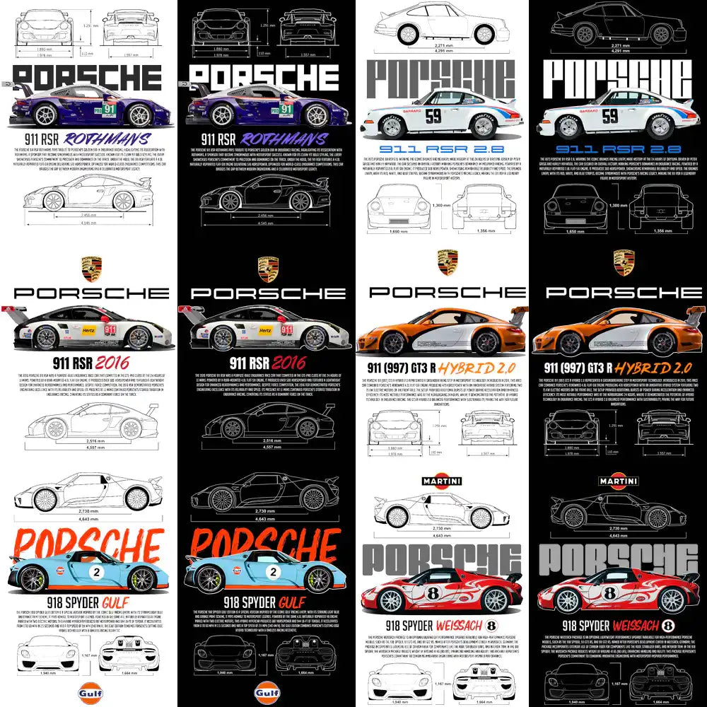 Porsche race car designs with technical blueprints, livery art, and dimensions for DTF/DTG & embroidery