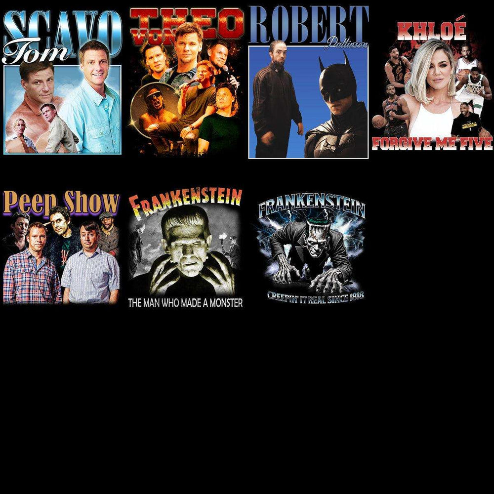 Custom t-shirt designs featuring pop culture icons, movie characters, and humorous quotes for DTF/DTG printing