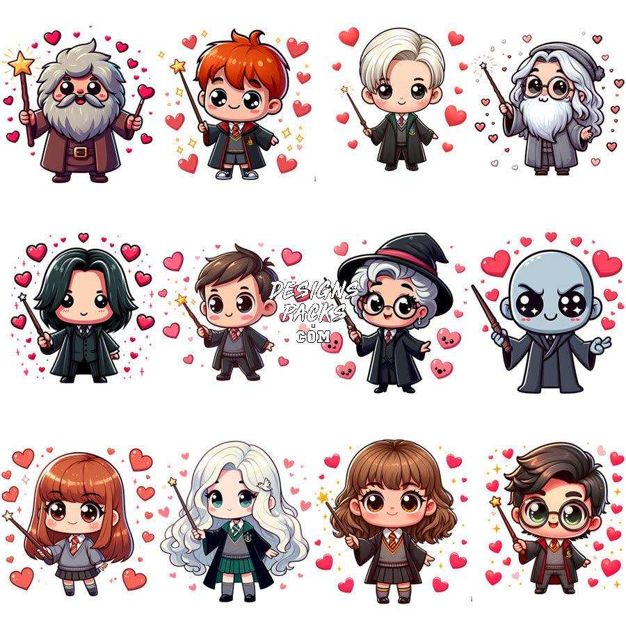Cute chibi Harry Potter characters with wands and hearts, perfect for DTF/DTG designs