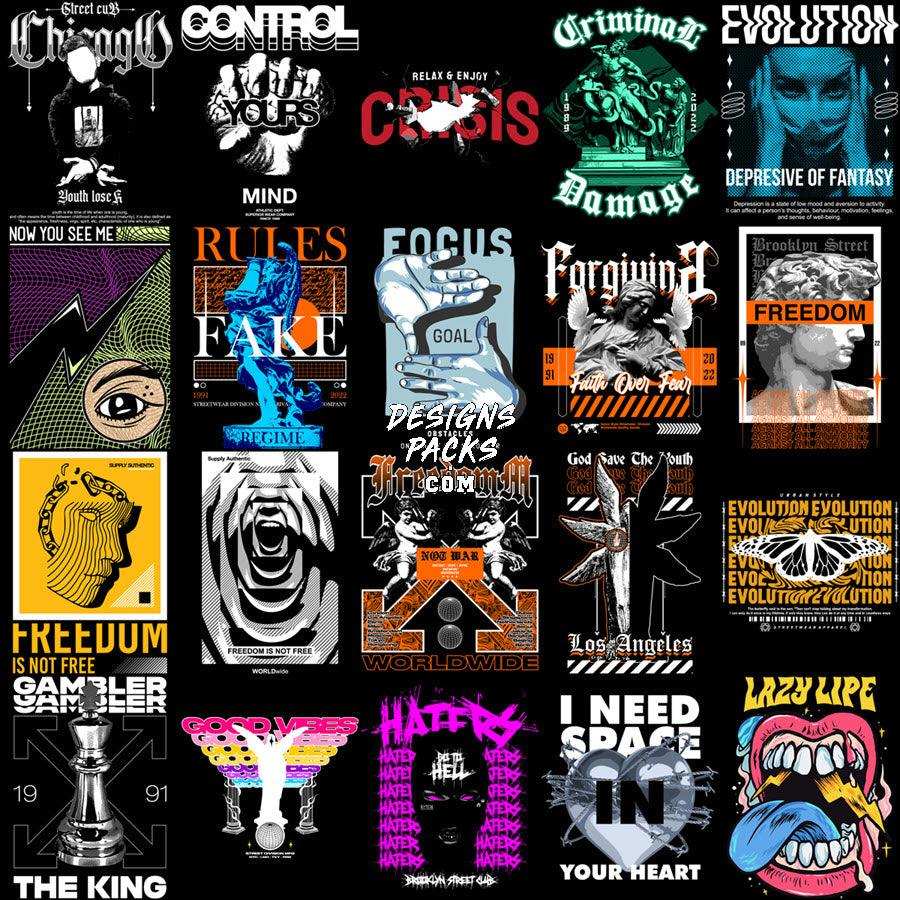 Print-ready DTF/DTG designs with bold graphics, typography, and themes like freedom, focus, and evolution.