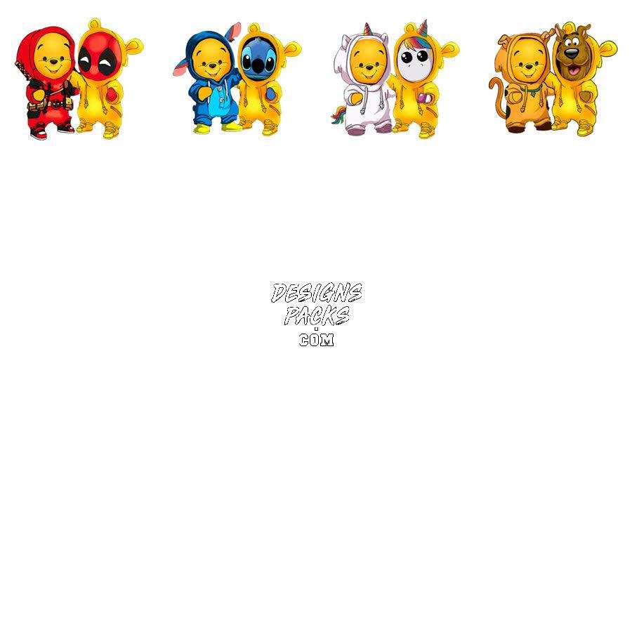 Cute Winnie the Pooh in Deadpool, Stitch, unicorn, and lion costumes for print designs